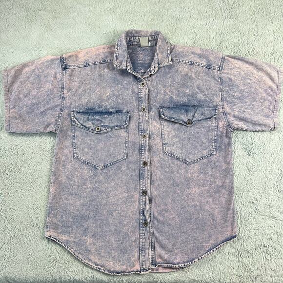 Sudden Impact Vintage Pink Stone Washed 1980's Denim Button Down Shirt SZ Small - Picture 1 of 7